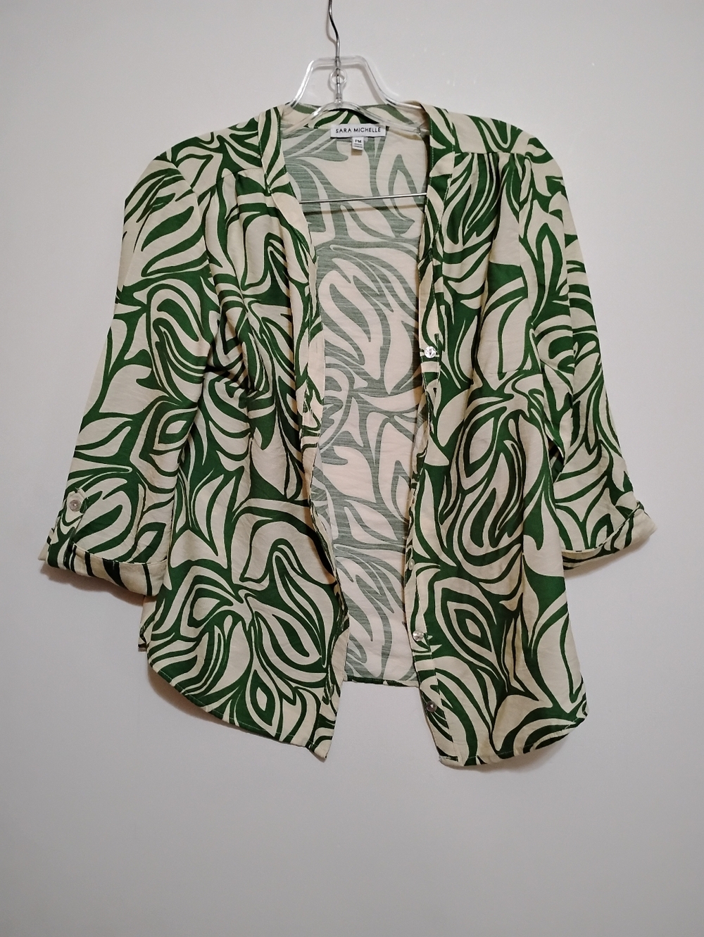 Sara Michelle Green &Cream Tropical Print Button Up V-Neck Blouse Rayon-Nylon PM
